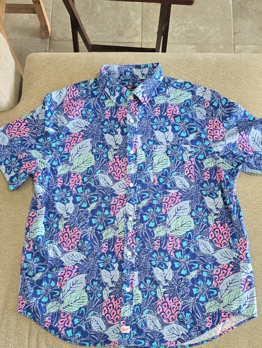 Vineyard Vines Navy Floral Pineapple Print Classic Fit Murray Shirt - Size XL